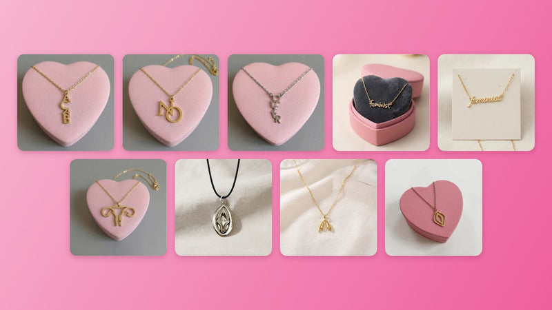 Feministische Halsketten: Collage mit ACAB-, NO-, QUEER-, feminist-, Uterus-, Vulva- und Klitoris-Ketten aus Edelstahl in Gold und Silber