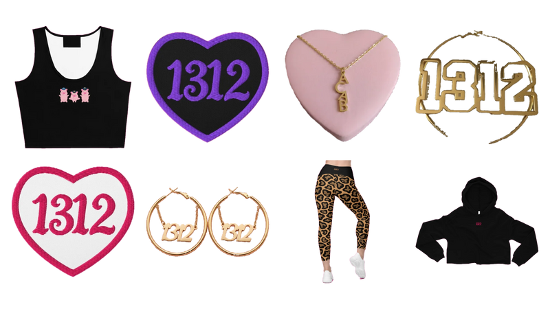 ACAB 1312 Kollektion: Collage mit Crop Top, 1312-Aufnähern, ACAB-Halskette, 1312-Creolen, Leo-Leggings und Crop-Hoodie