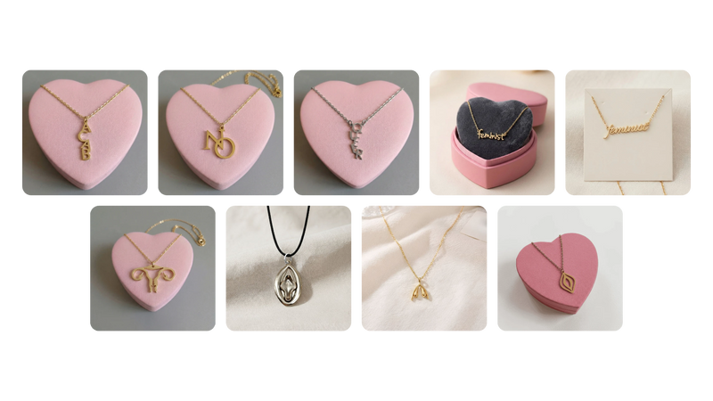 Feministische Halsketten: Collage mit ACAB-, NO-, QUEER-, feminist-, Uterus-, Vulva- und Klitoris-Ketten aus Edelstahl in Gold und Silber