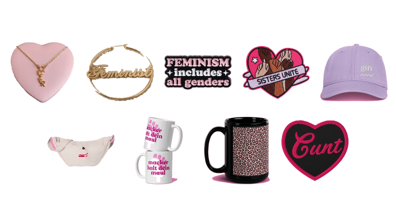 Geschenke für Feministinnen: Collage mit feministischer Halskette, Creolen, Anstecker, Aufnähern, Cap, Bauchtasche und Tassen