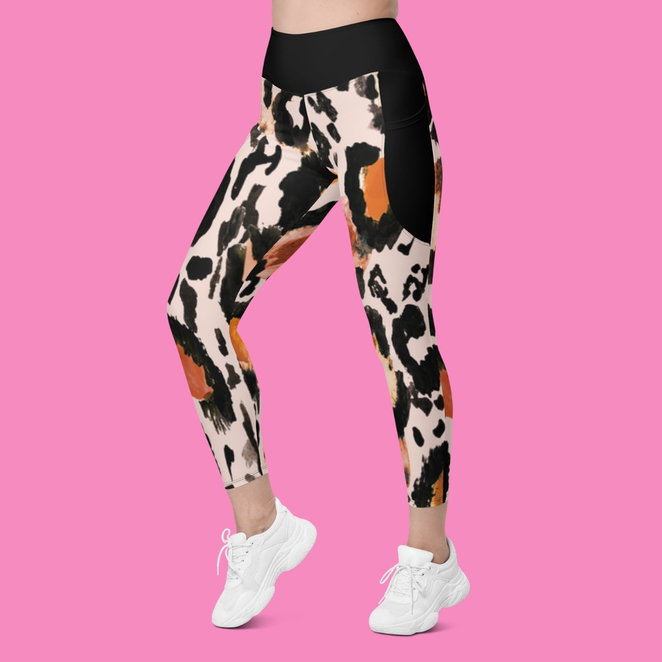 Macker glotz nicht Leggings mit Kuhmuster und Seitentaschen – feministische Recycling-Leggings mit hohem Bund – Bling Bling Feministas