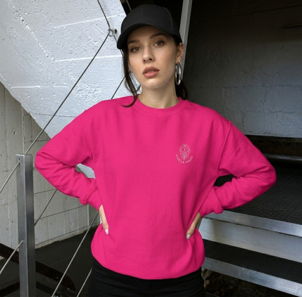 Viva la Vulva Sweatshirt in Schwarz – Vorderansicht, feministischer Pullover, Bling Bling Feministas