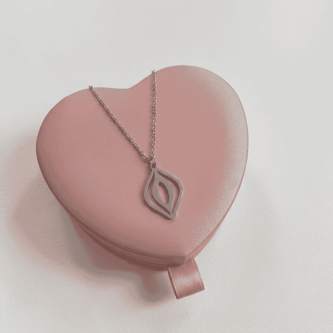Feministische Vulva-Kette in Silber auf schwarzer Schmuckbox – Statement-Schmuck von Bling Bling Feministas