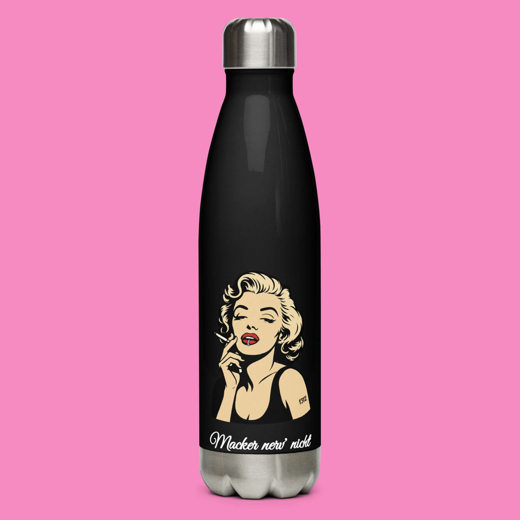 "Macker nerv nicht" Edelstahl-Thermosflasche 500ml schwarz mit feministischem Aufdruck – doppelt isoliert, auslaufsicher – Bling Bling Feministas