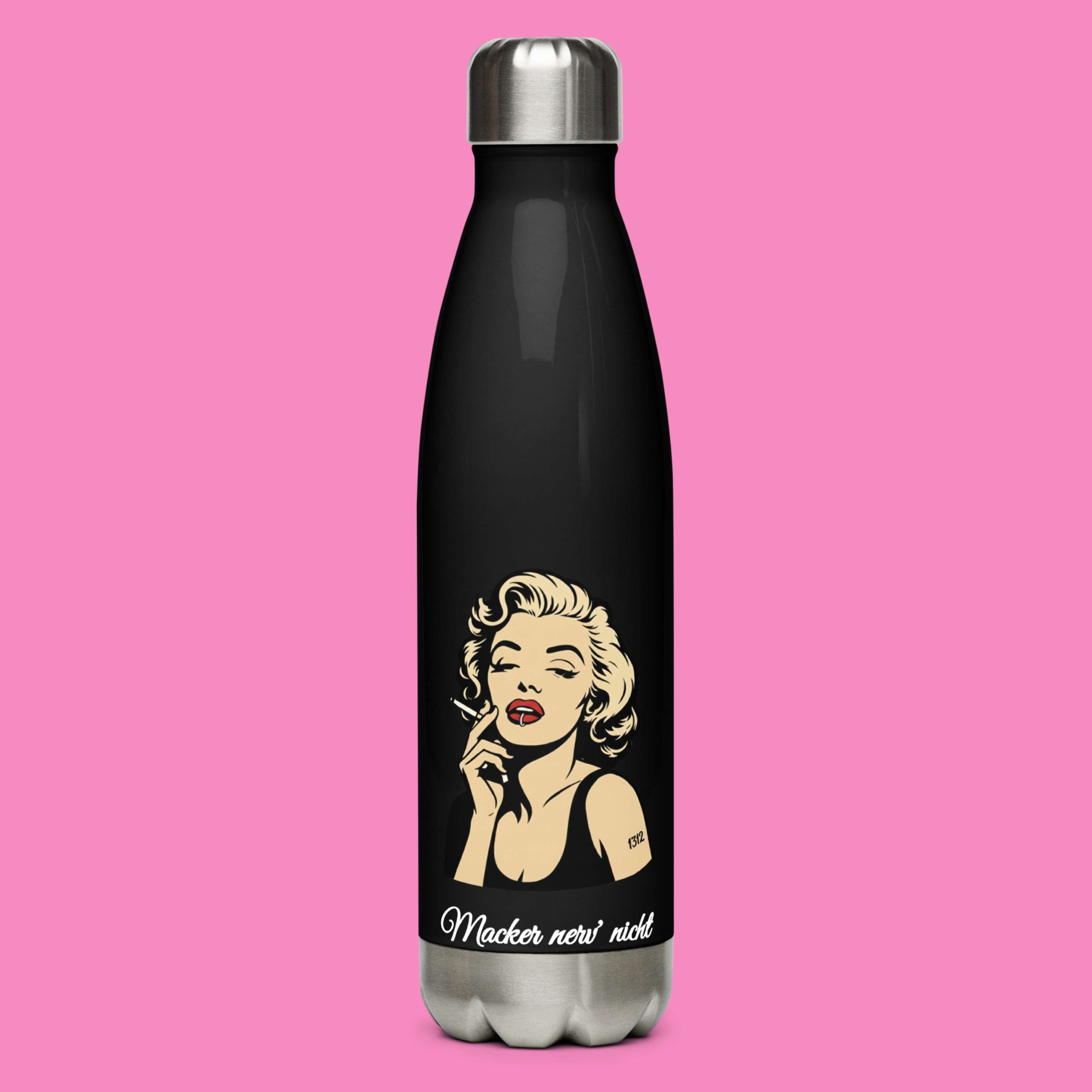 "Macker nerv nicht" Edelstahl-Thermosflasche 500ml schwarz mit feministischem Aufdruck – doppelt isoliert, auslaufsicher – Bling Bling Feministas