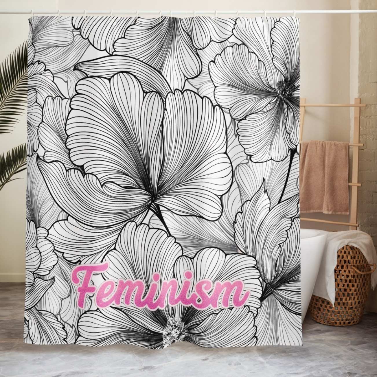Feministischer Duschvorhang 'Feminism' aus Polyester – wasserabweisend, 180×188 cm, 12 Ösen. Originelles Statement-Geschenk von Bling Bling Feministas