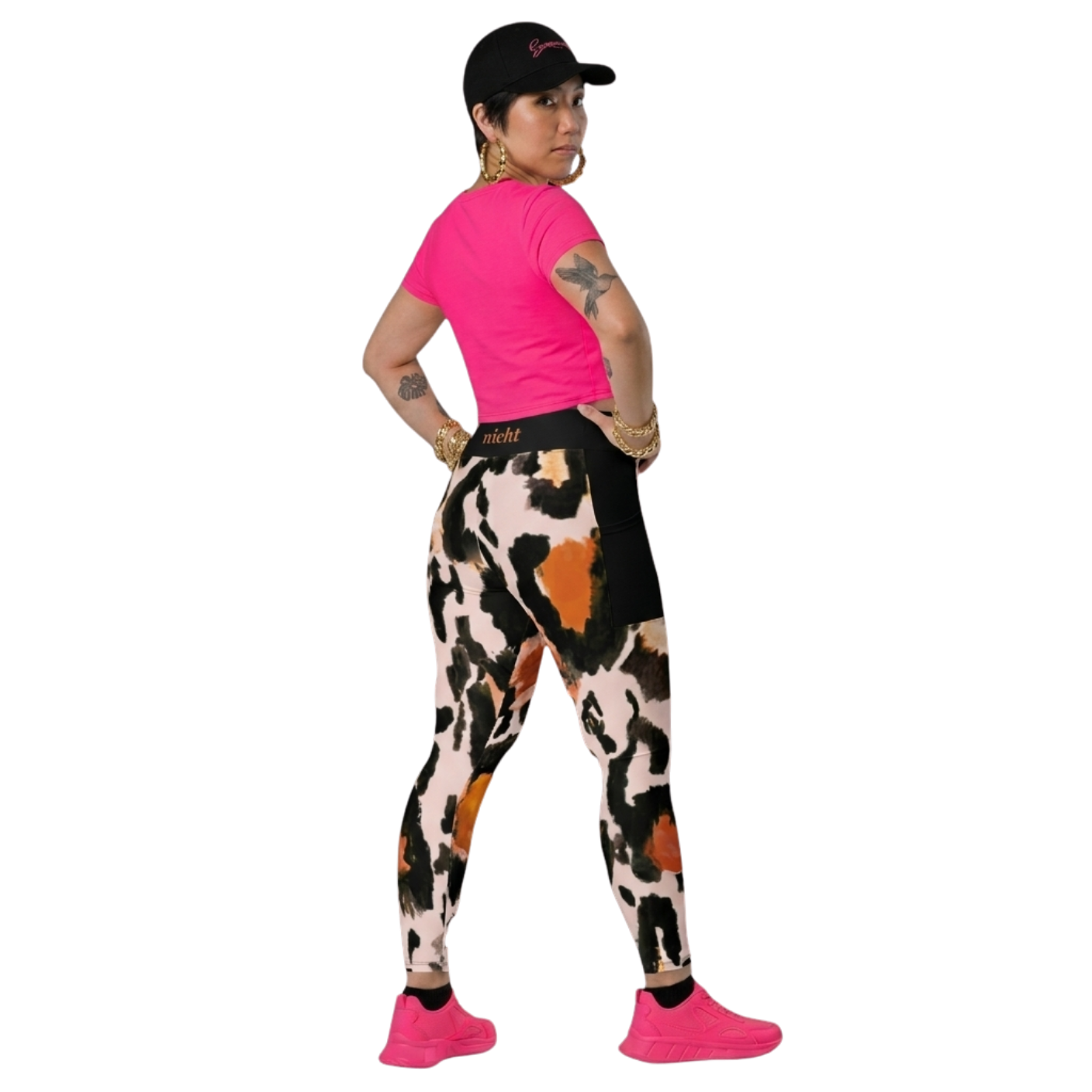 Macker glotz nicht Leggings mit Kuhmuster und Seitentaschen – feministische Recycling-Leggings mit hohem Bund – Bling Bling Feministas