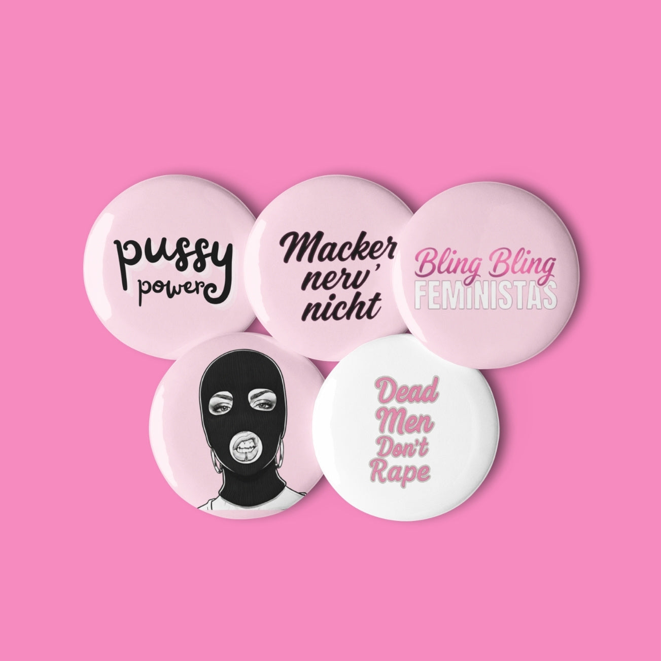 Feministisches Button-Set mit 5 Statement-Motiven – Pssy Pwr, Macker nerv nicht, Hassi, Dead Men Don't Rape – Bling Bling Feministas
