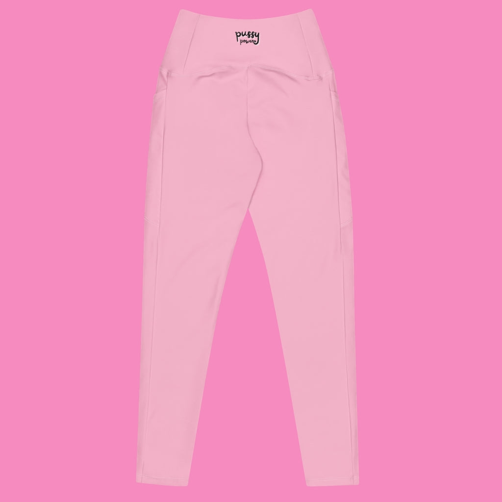 Pssy Pwr Leggings in Rosa mit Seitentaschen – feministische Recycling-Leggings mit hohem Bund – Bling Bling Feministas