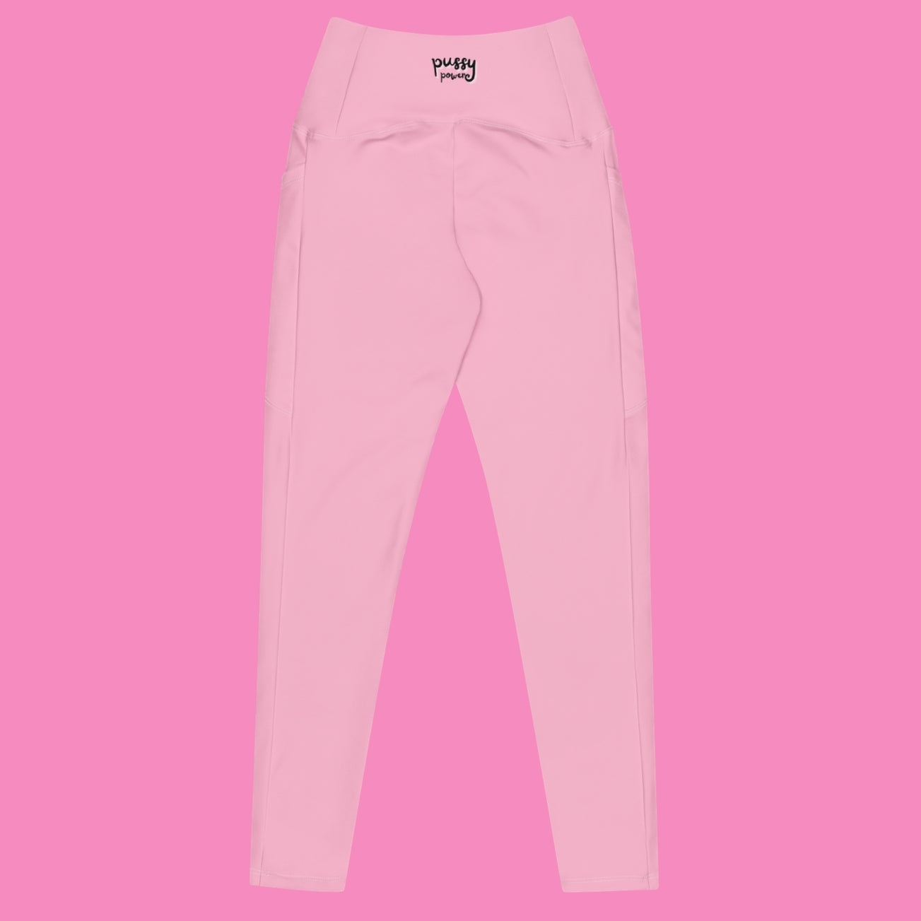 Pssy Pwr Leggings in Rosa mit Seitentaschen – feministische Recycling-Leggings mit hohem Bund – Bling Bling Feministas