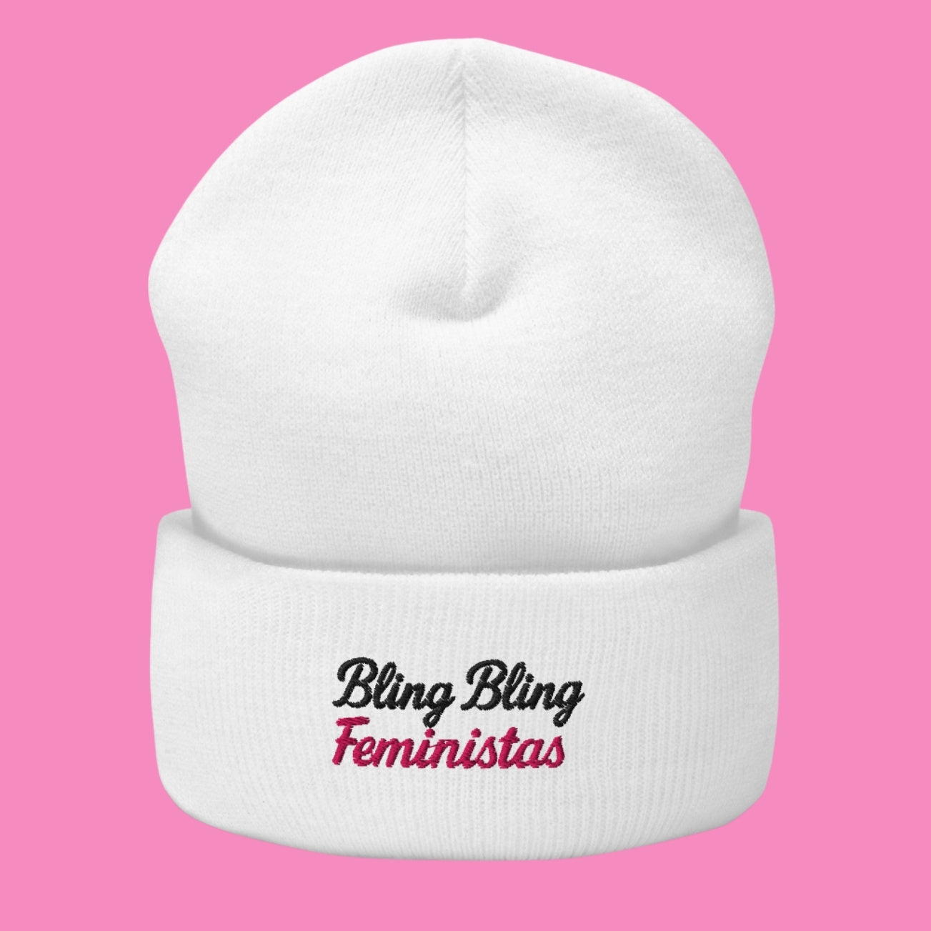 Bling Bling Feministas Beanie – besticktes feministisches Umschlagmütze aus Turbo-Acryl in Heather Grau, Baby Pink und Weiß