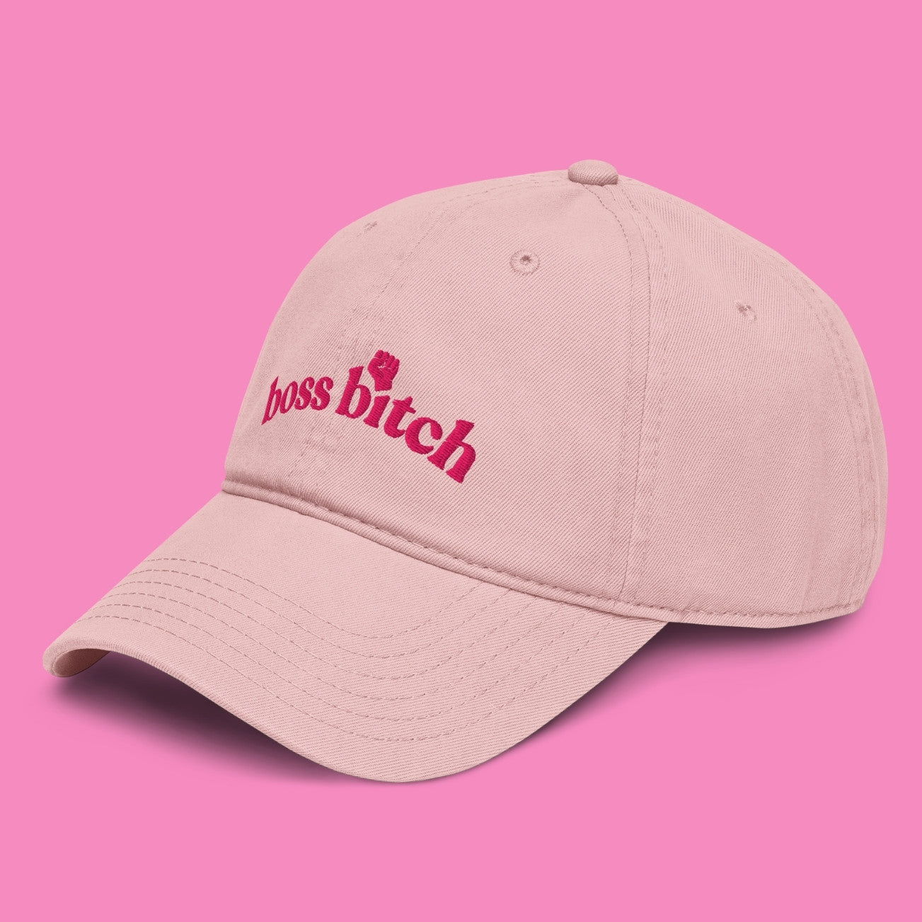 Boss Bitch Basecap in Rosa mit Flamingo-farbiger Stickerei – feministisches Cap aus Baumwolle – Bling Bling Feministas