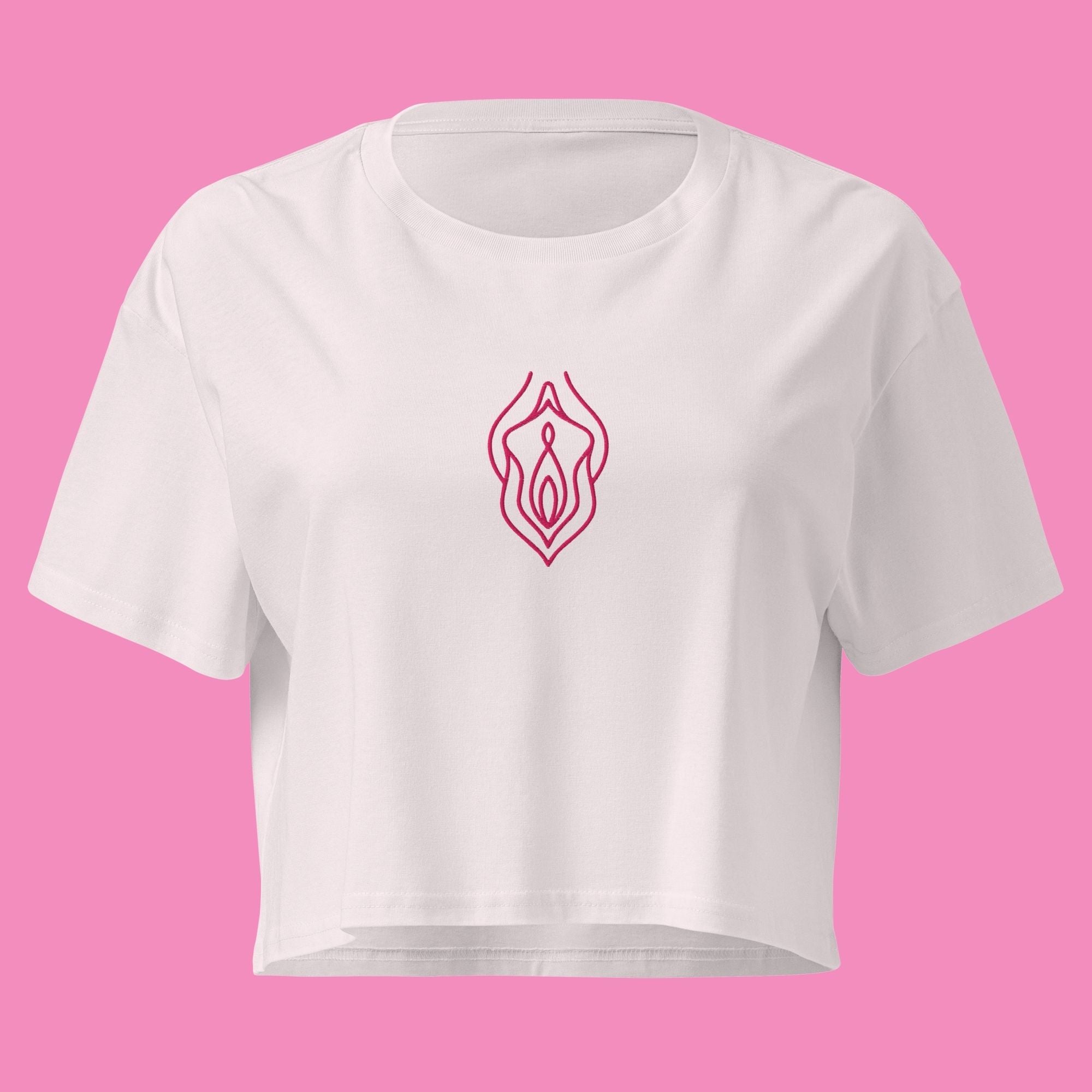 Feministisches Vu*lva Crop Top in Orchidee mit Stickerei – Feminist Streetwear von Bling Bling Feministas
