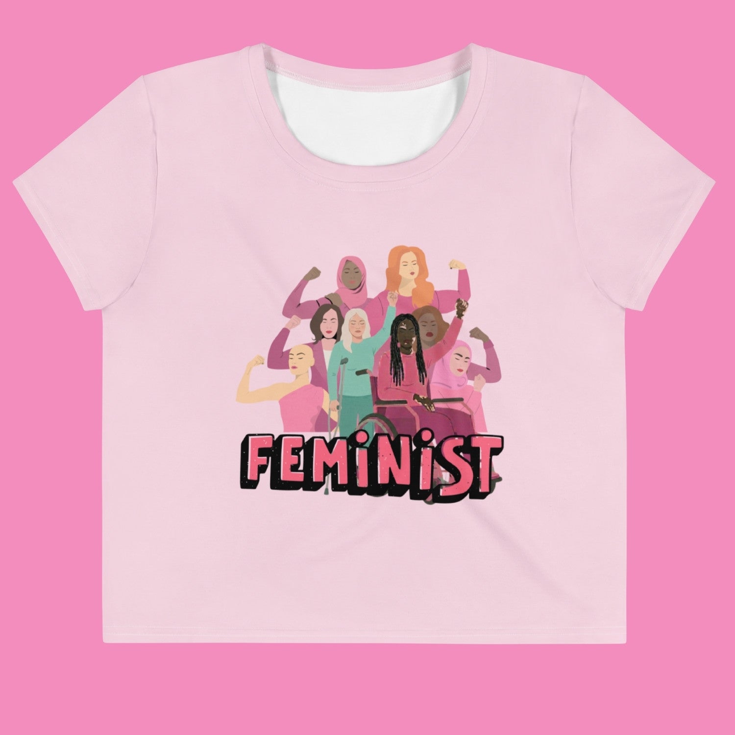 Feminist Crop-Top mit intersektionalem Allover-Print – weißes Crop-T-Shirt von Bling Bling Feministas, Größen XS–3XL