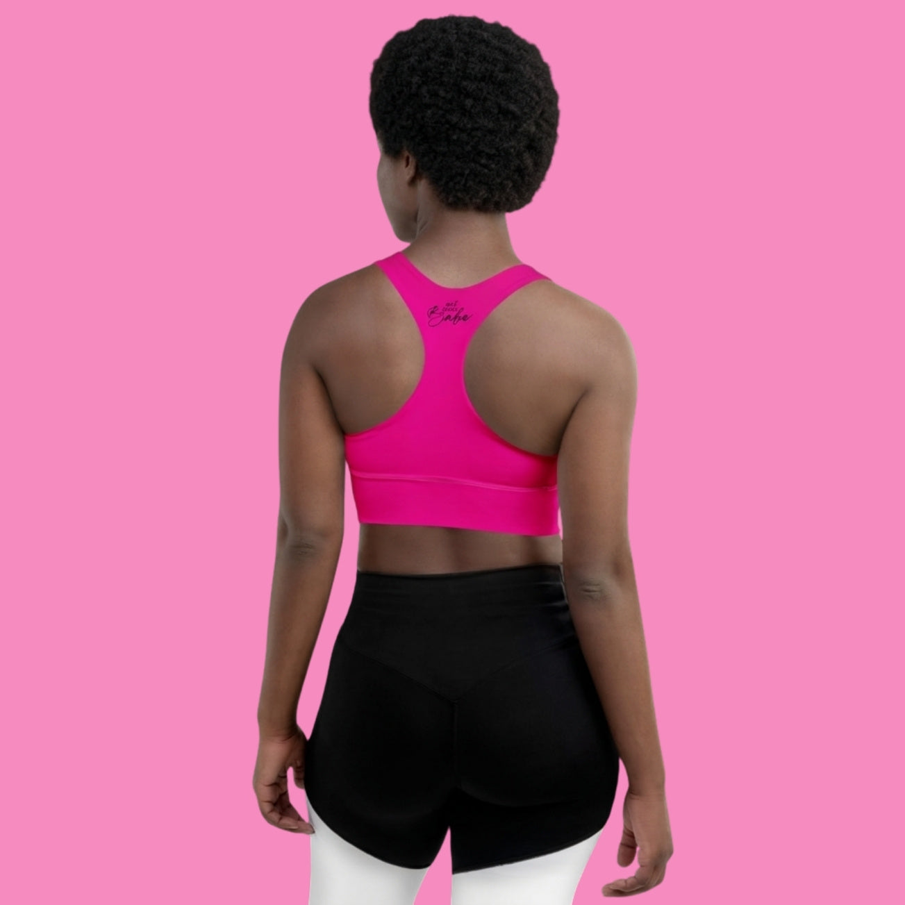 Not Your Babe Longline Sport-BH in Pink – feministischer Recycling-Sportbra mit Aufdruck – Bling Bling Feministas