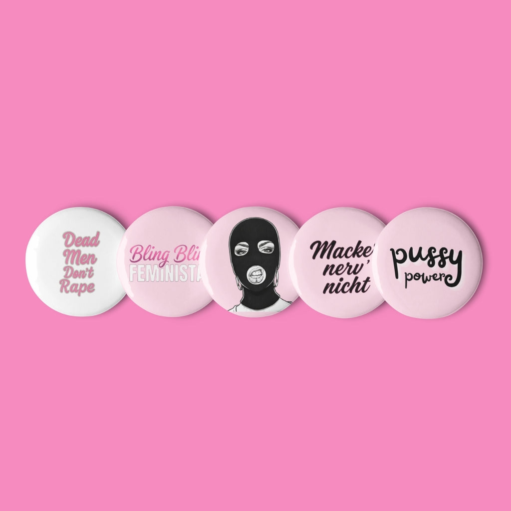 Feministisches Button-Set mit 5 Statement-Motiven – Pssy Pwr, Macker nerv nicht, Hassi, Dead Men Don't Rape – Bling Bling Feministas