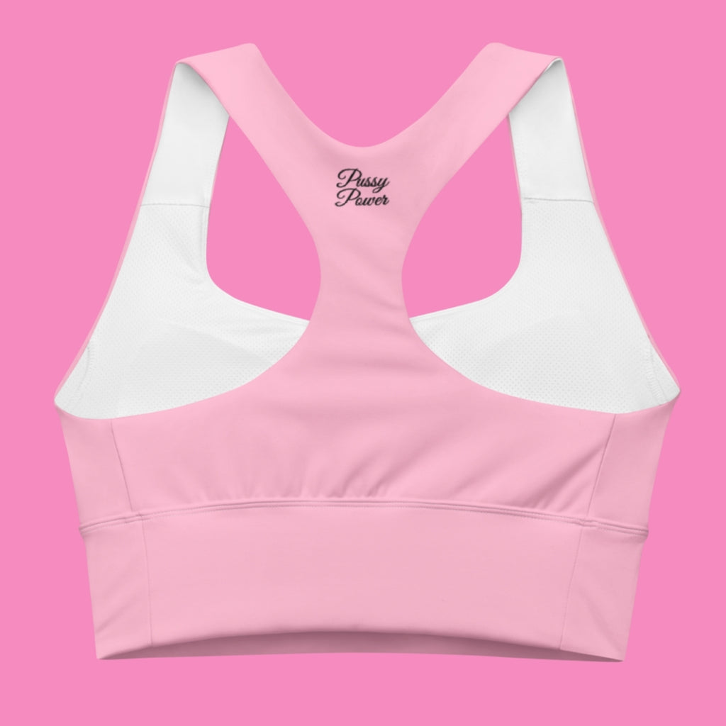Pssy Pwr Longline Sport-BH in Rosa – feministischer Recycling-Sportbra mit Aufdruck – Bling Bling Feministas