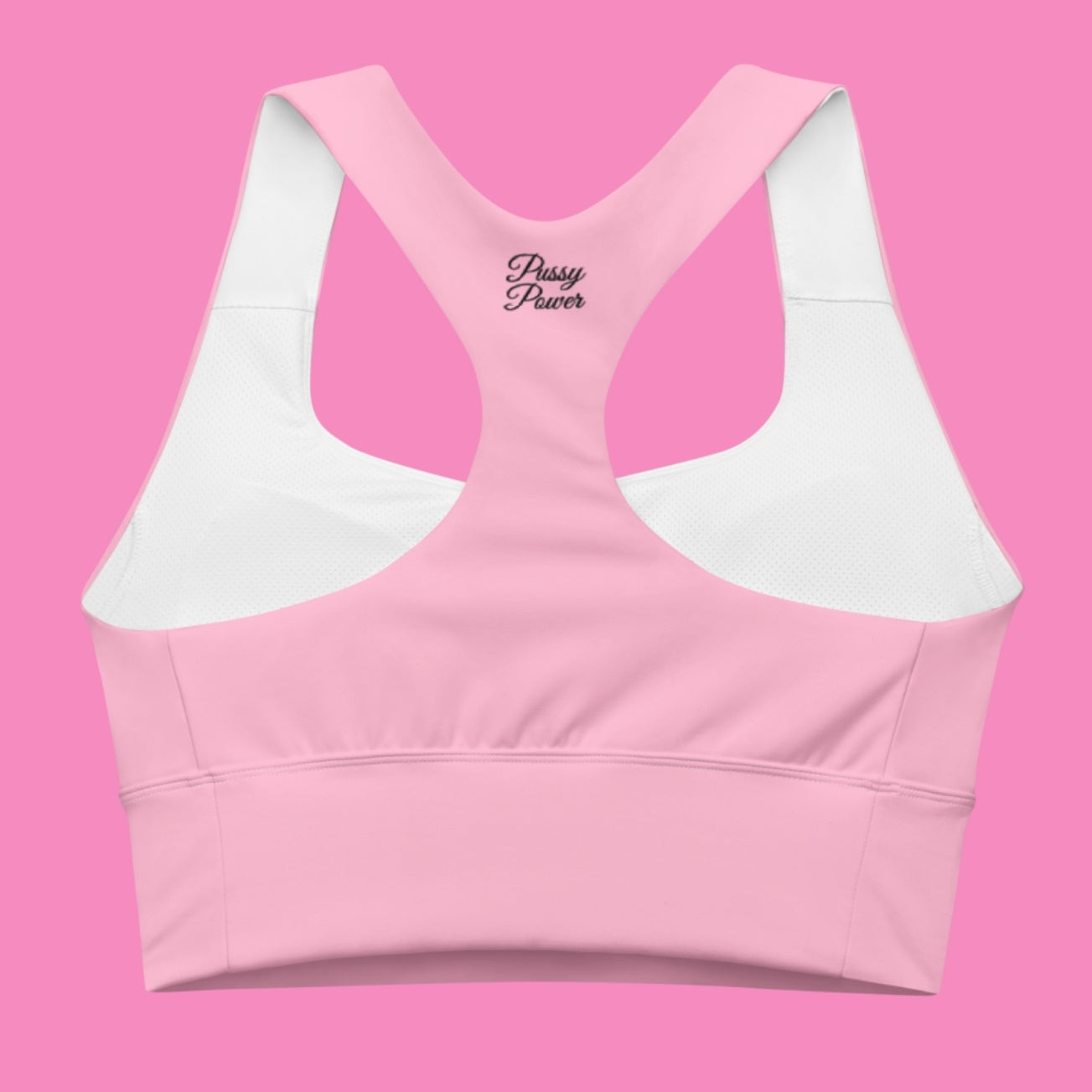 Pssy Pwr Longline Sport-BH in Rosa – feministischer Recycling-Sportbra mit Aufdruck – Bling Bling Feministas