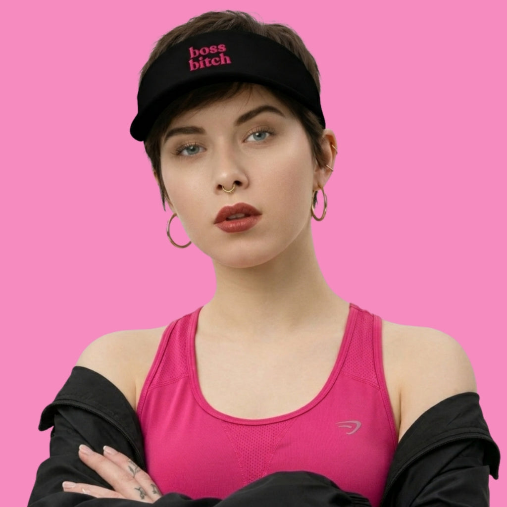 Boss Bitch Visor Cap schwarz mit pinker Stickerei – verstellbarer Klettverschluss – Bling Bling Feministas
