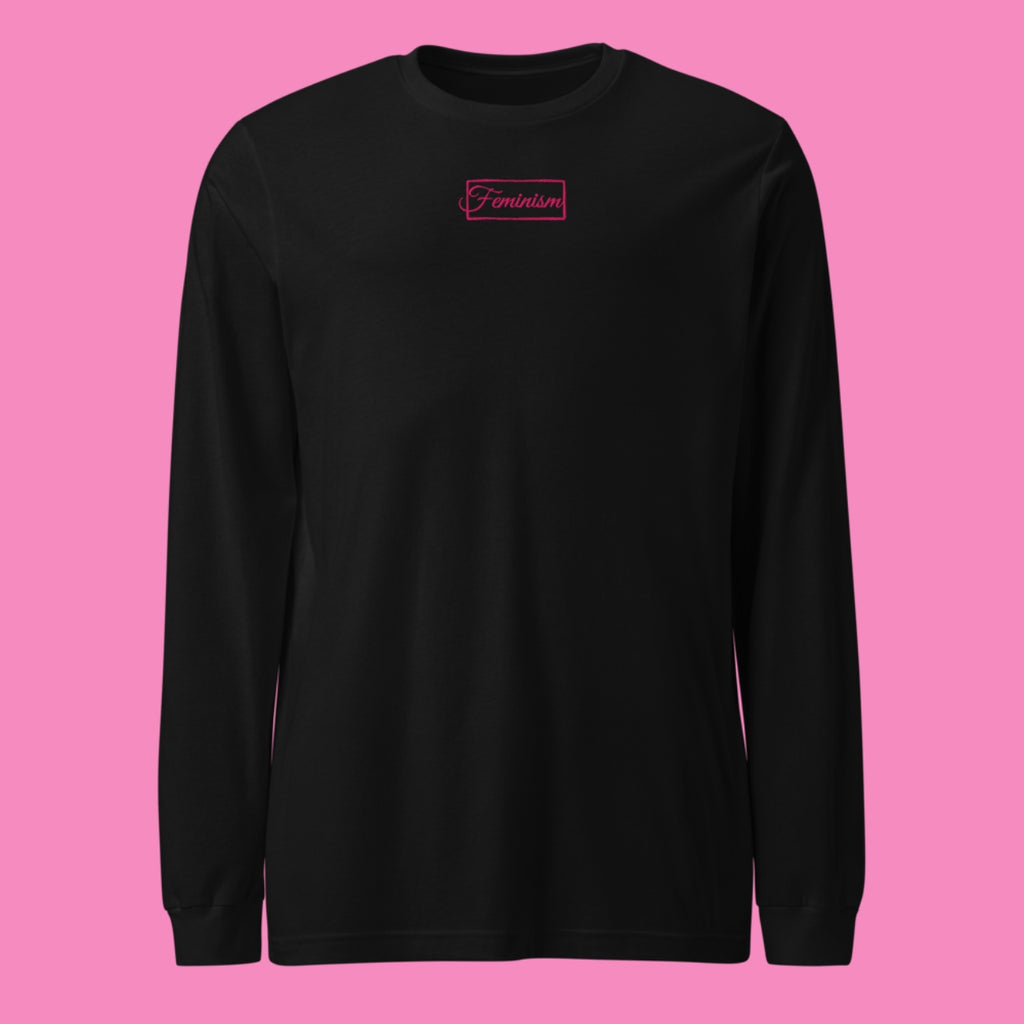 Feminism Pullover in Schwarz mit pinker Stickerei – feministischer bestickter Sweater aus Baumwolle – Bling Bling Feministas