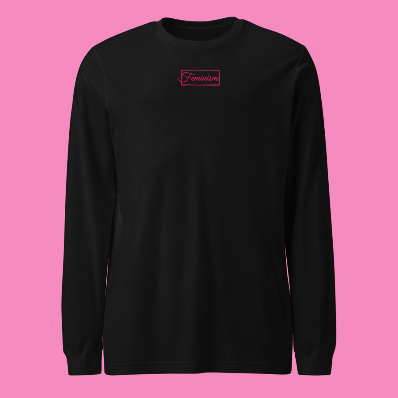 Feminism Pullover in Schwarz mit pinker Stickerei – feministischer bestickter Sweater aus Baumwolle – Bling Bling Feministas