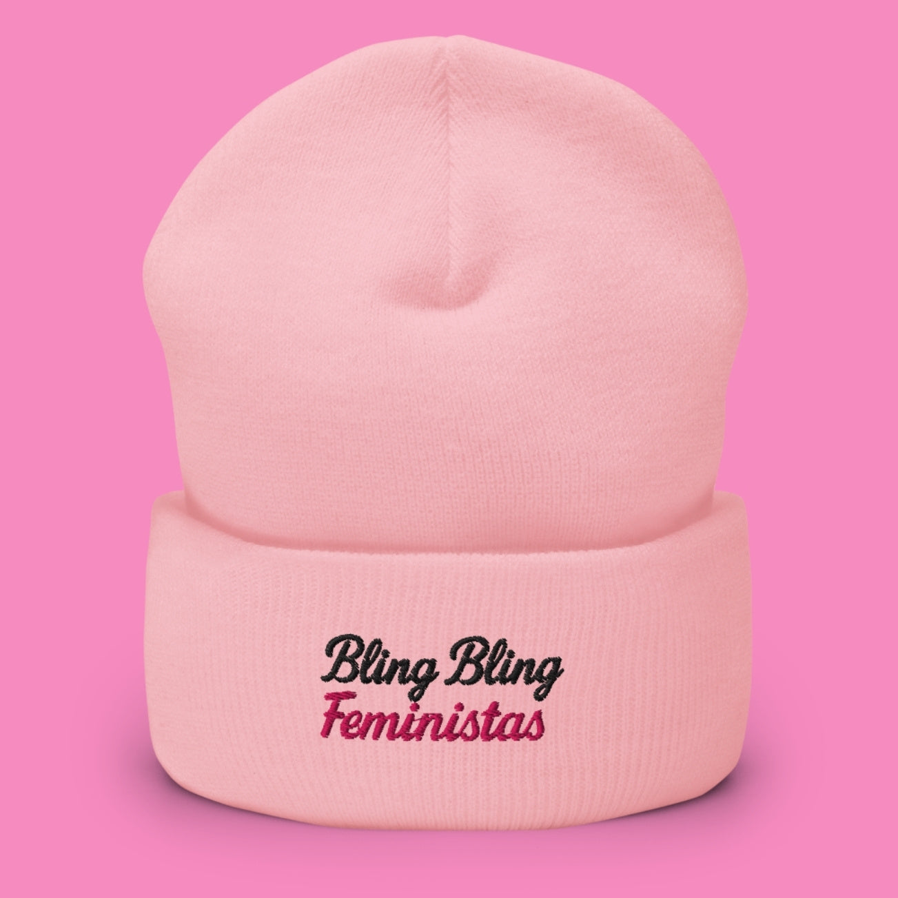 Bling Bling Feministas Beanie – besticktes feministisches Umschlagmütze aus Turbo-Acryl in Heather Grau, Baby Pink und Weiß