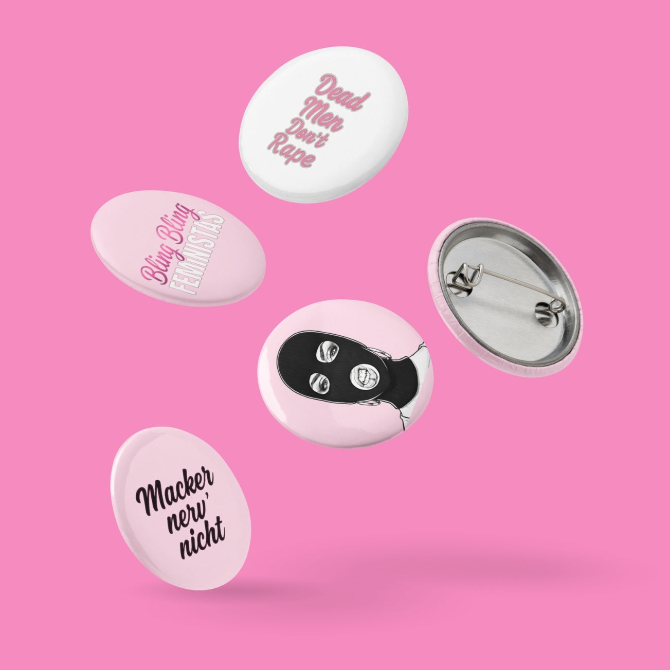 Feministisches Button-Set mit 5 Statement-Motiven – Pssy Pwr, Macker nerv nicht, Hassi, Dead Men Don't Rape – Bling Bling Feministas