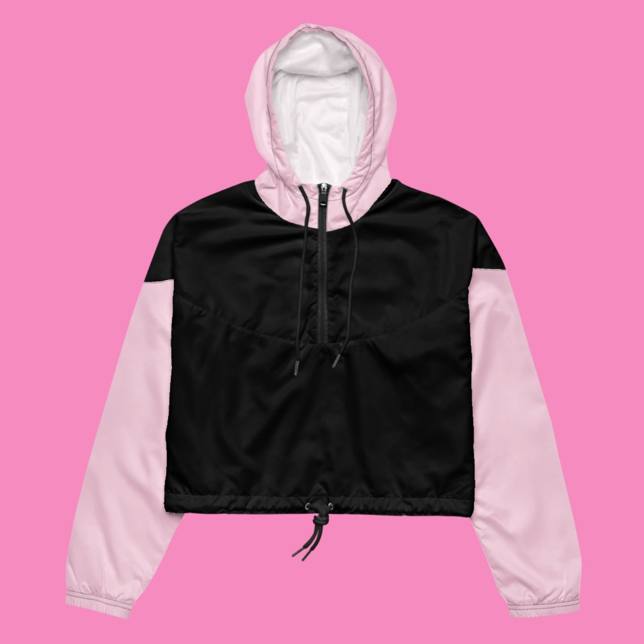 Chaya Windbreaker in Schwarz und Rosa – bauchfreie feministische Regenjacke aus Polyester – Bling Bling Feministas