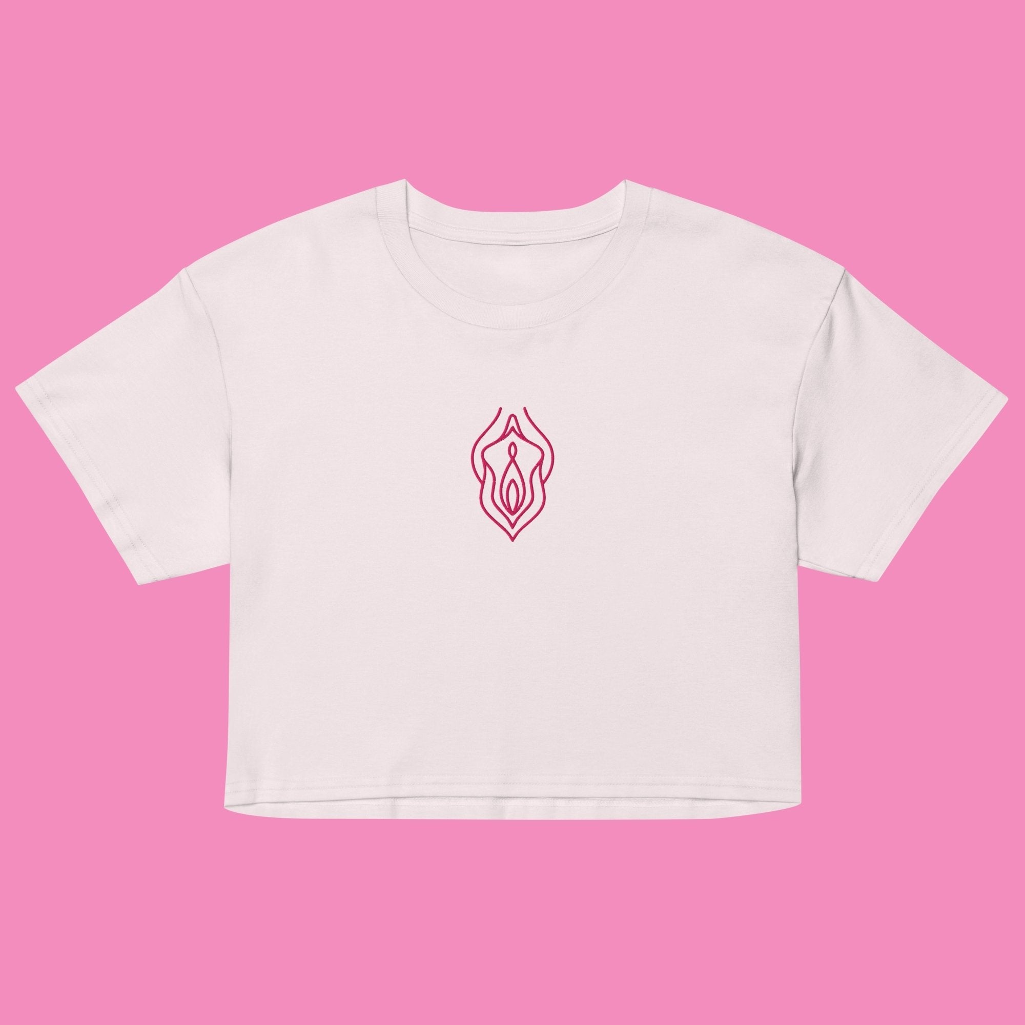Feministisches Vu*lva Crop Top in Orchidee mit Stickerei – Feminist Streetwear von Bling Bling Feministas