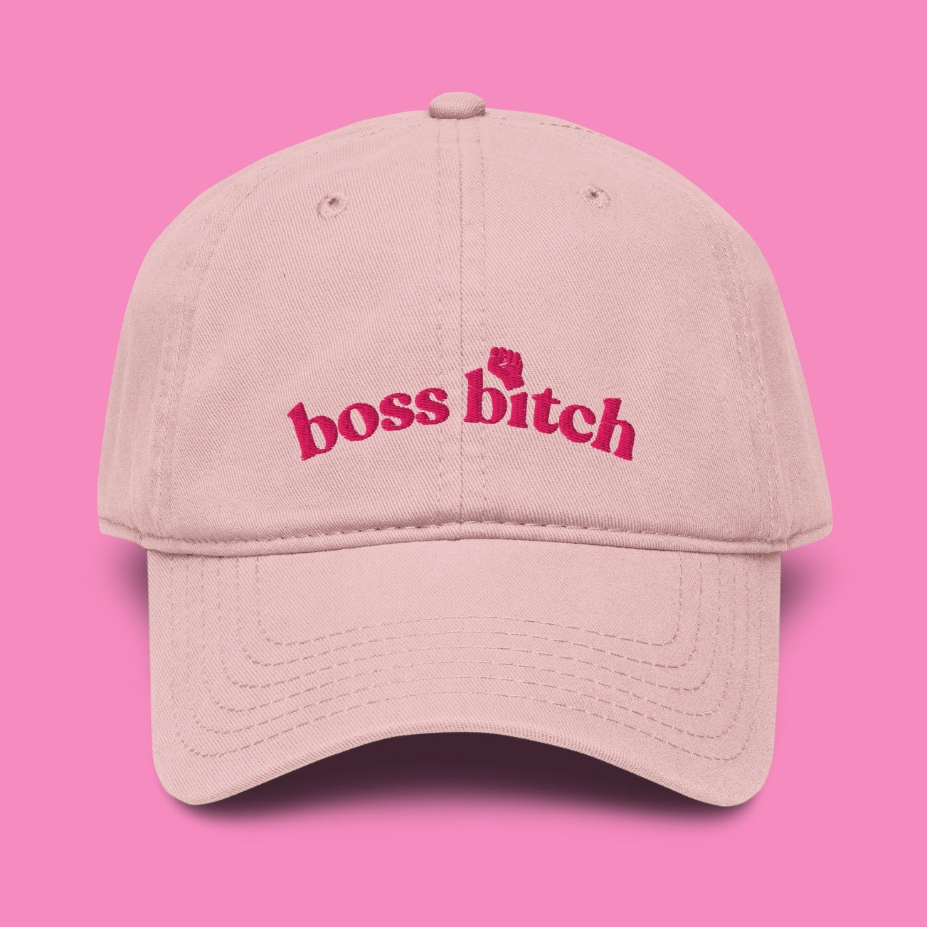 Boss Bitch Basecap in Rosa mit Flamingo-farbiger Stickerei – feministisches Cap aus Baumwolle – Bling Bling Feministas