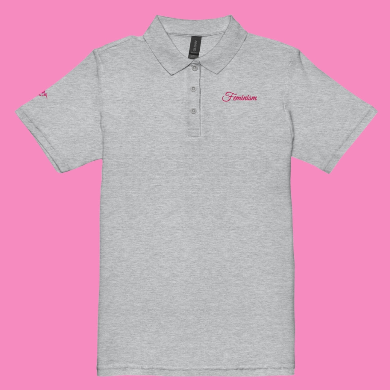 Feminism Piqué-Poloshirt in Weiß mit pinker Stickerei – feministisches Damen-Polo aus Baumwolle – Bling Bling Feministas