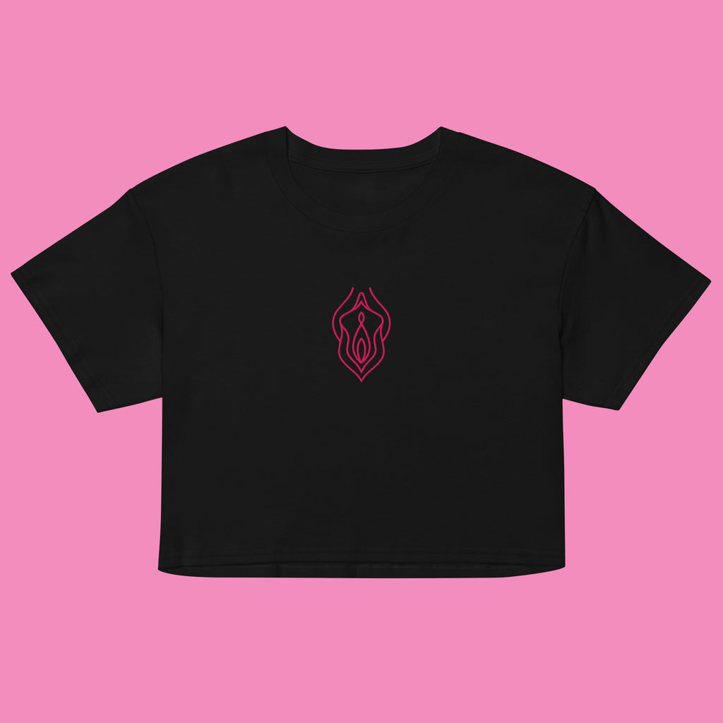 Feministisches Vu*lva Crop Top in Schwarz mit Stickerei – Feminist Streetwear von Bling Bling Feministas