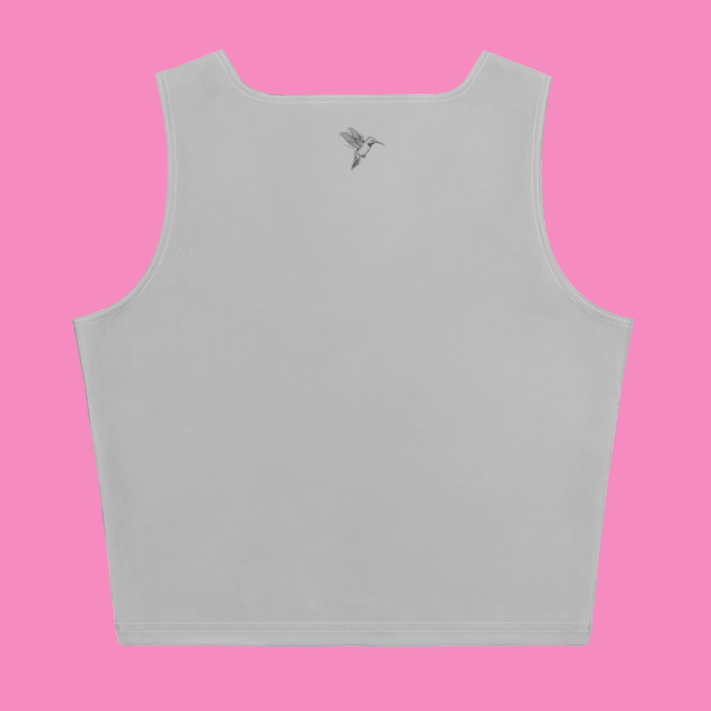 Hassi Crop-Top Grau – Rückansicht feministisches Stretch-Crop-Top aus Recycling-Polyester – Bling Bling Feministas
