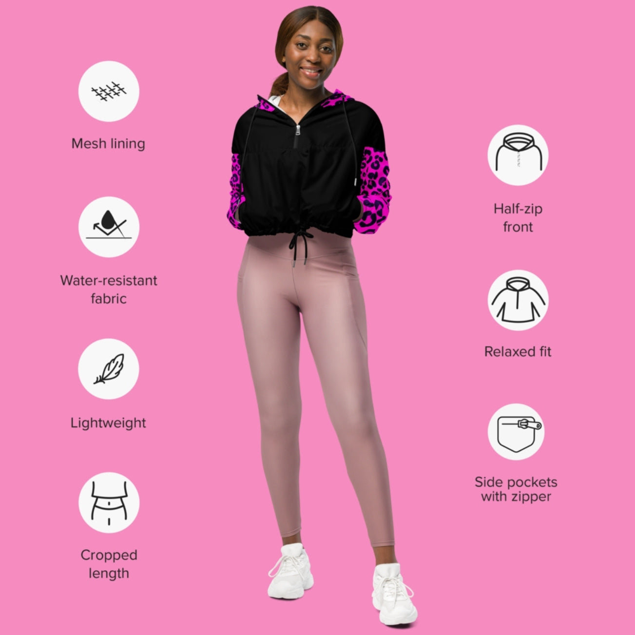 Neon Pink Leo Windbreaker – bauchfreie Crop-Jacke aus Polyester mit Leo-Aufdruck – Bling Bling Feministas