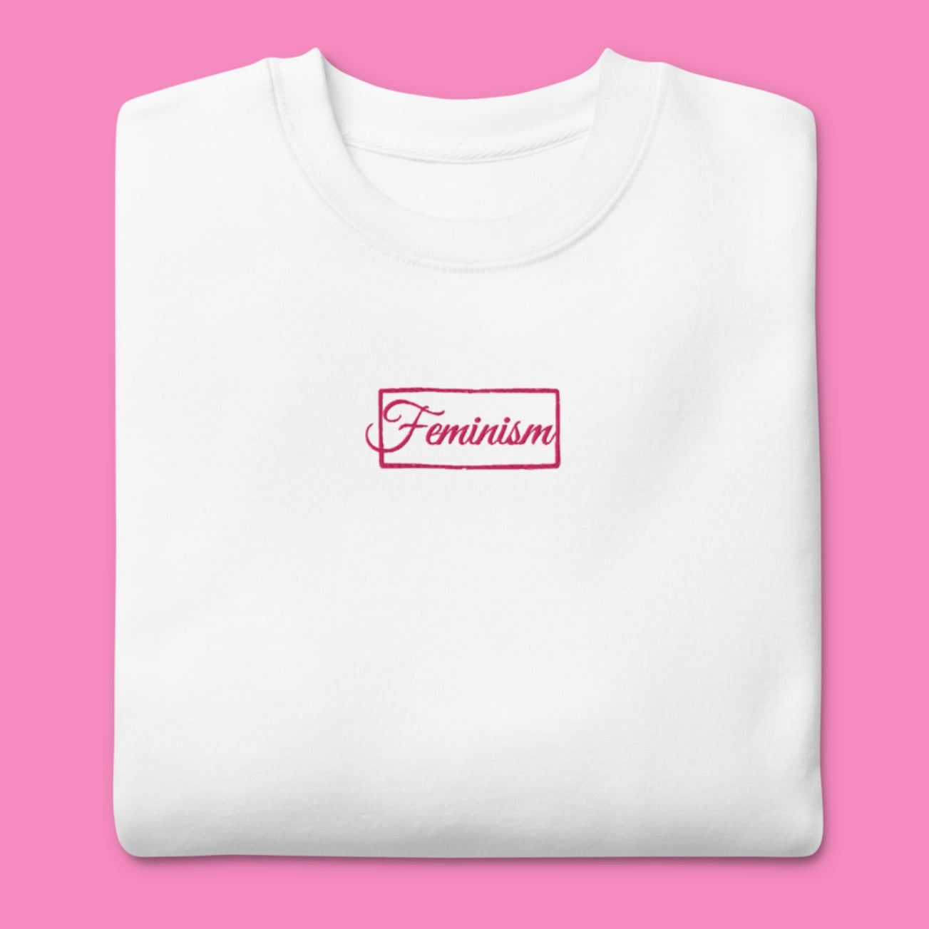 Feminism Premium-Pullover in Weiß mit pinker Stickerei – feministischer bestickter Sweater aus Baumwolle – Bling Bling Feministas