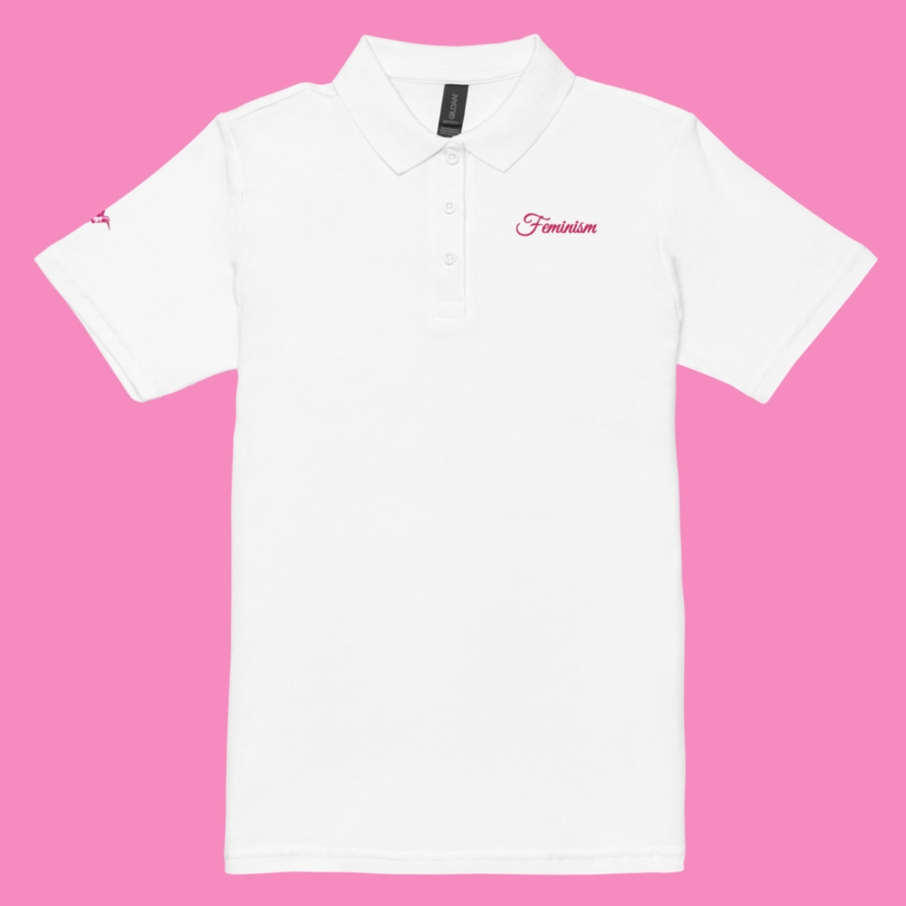 Feminism Piqué-Poloshirt in Weiß mit pinker Stickerei – feministisches Damen-Polo aus Baumwolle – Bling Bling Feministas