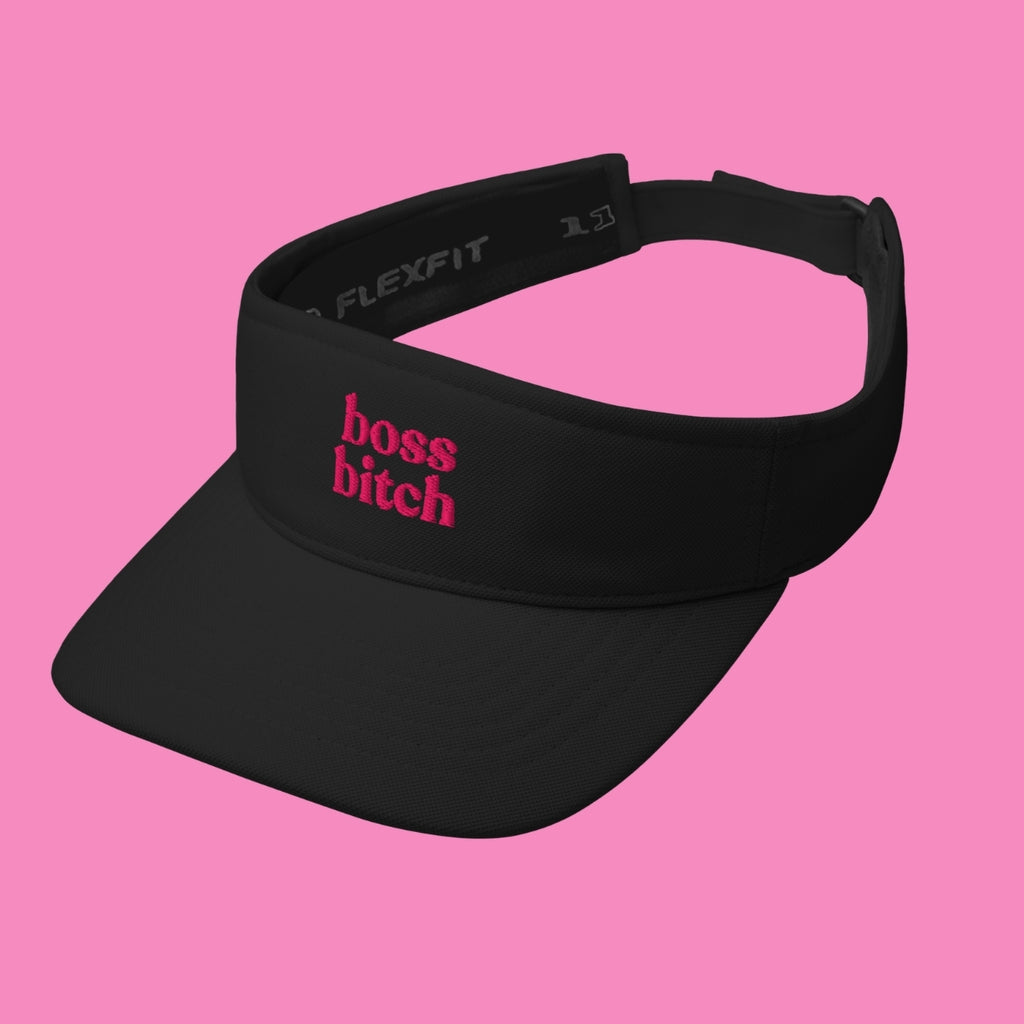 Boss Bitch Visor Cap schwarz mit pinker Stickerei – verstellbarer Klettverschluss – Bling Bling Feministas