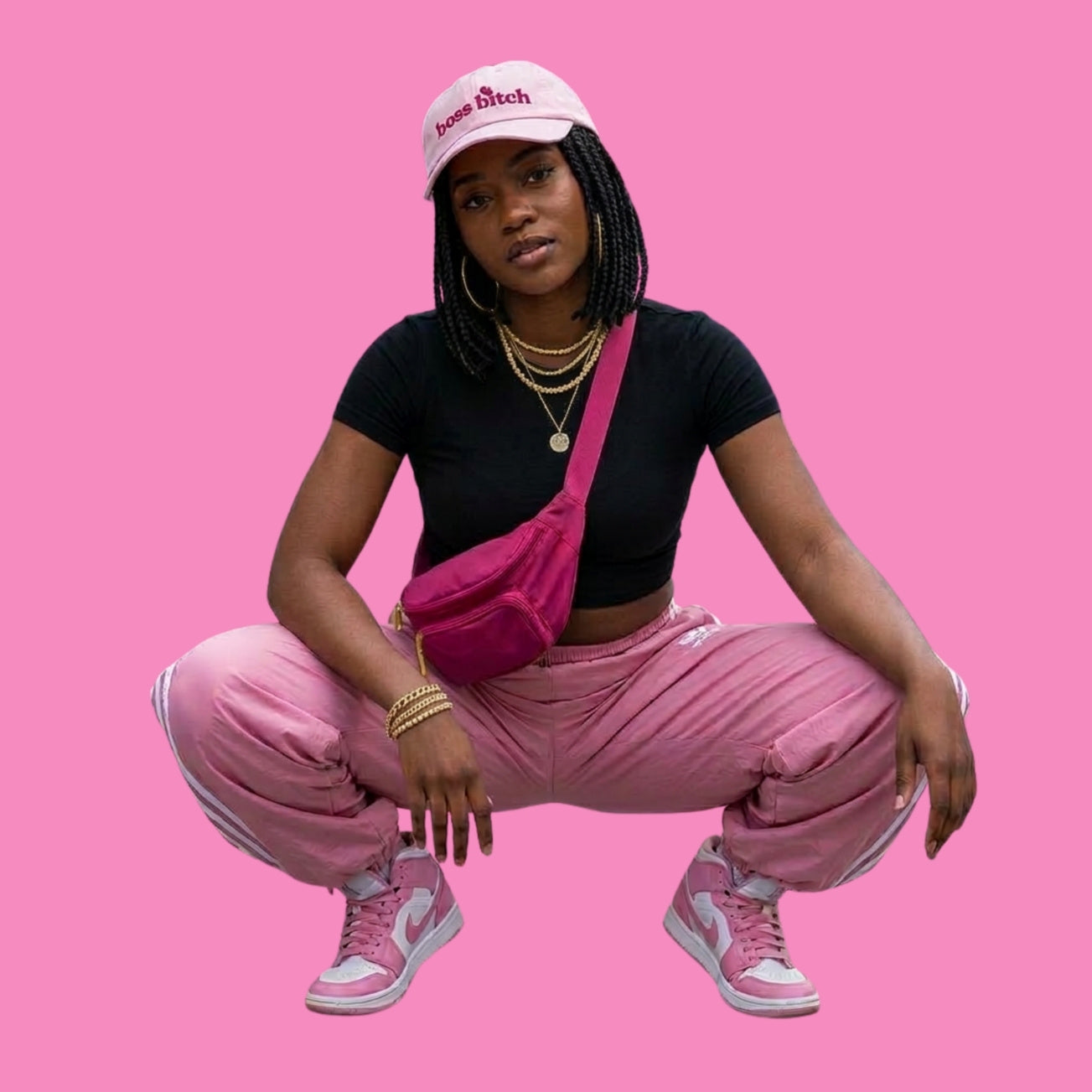 Boss Bitch Basecap in Rosa mit Flamingo-farbiger Stickerei – feministisches Cap aus Baumwolle – Bling Bling Feministas