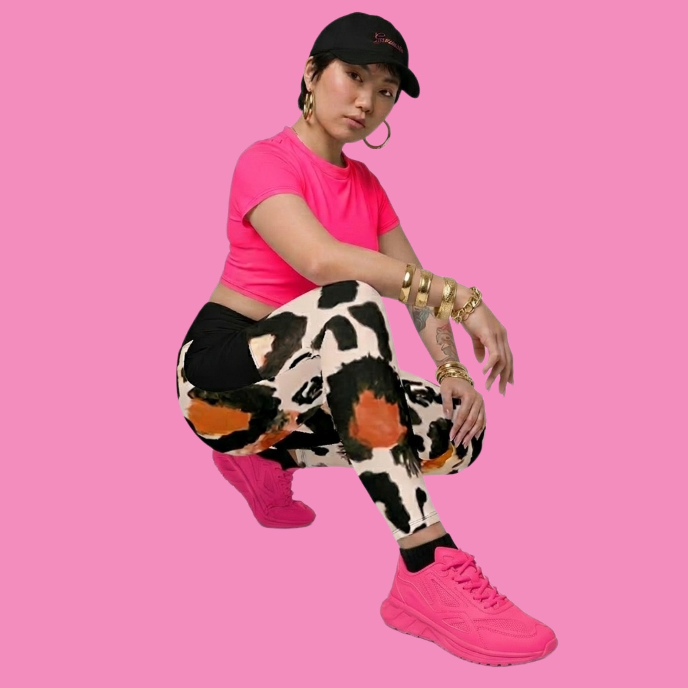 Macker glotz nicht Leggings mit Kuhmuster und Seitentaschen – feministische Recycling-Leggings mit hohem Bund – Bling Bling Feministas