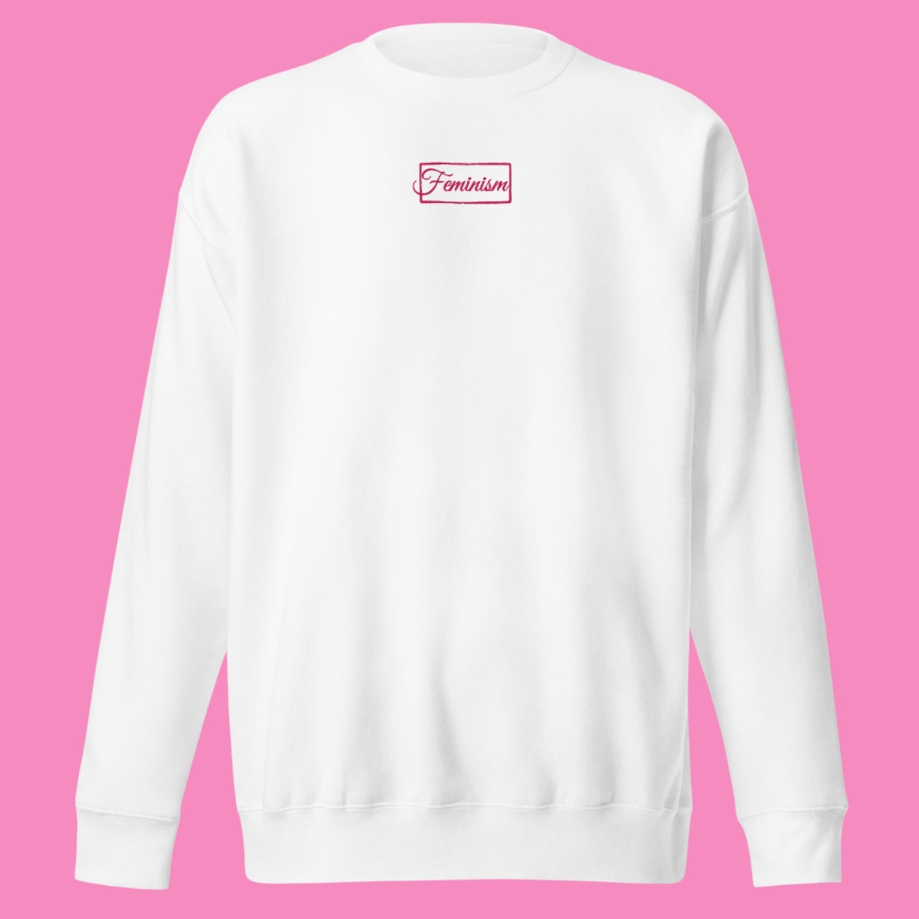 Feminism Premium-Pullover in Weiß mit pinker Stickerei – feministischer bestickter Sweater aus Baumwolle – Bling Bling Feministas