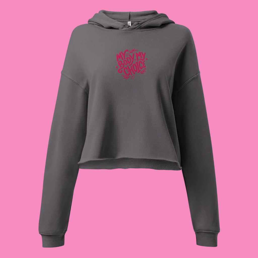 My Body My Choice Crop-Hoodie in Schwarz – feministischer Kapuzenpullover mit offenem Saum – Bling Bling Feministas