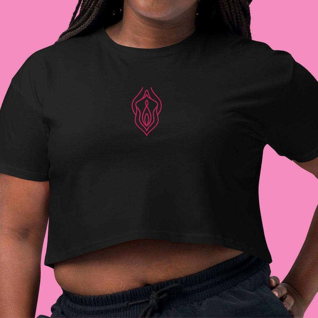 Feministisches Vu*lva Crop Top in Schwarz mit Stickerei – Feminist Streetwear von Bling Bling Feministas