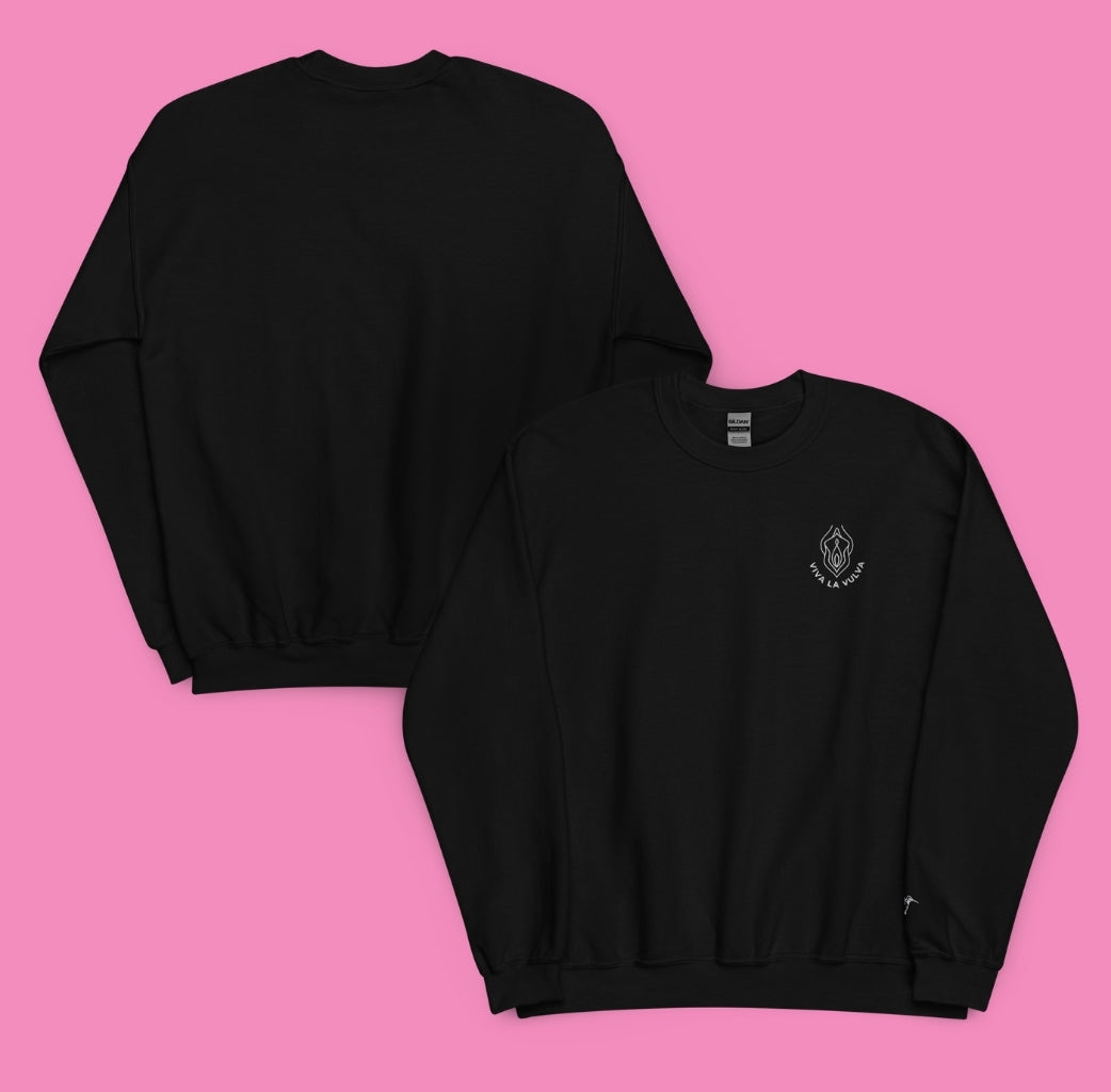 Viva la Vulva Sweatshirt in Schwarz – Vorderansicht, feministischer Pullover, Bling Bling Feministas