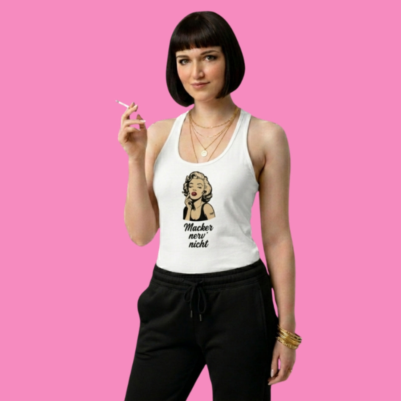 Macker nerv nicht Tanktop in Weiß – feministisches Racerback-Shirt aus Baumwoll-Jersey – Bling Bling Feministas