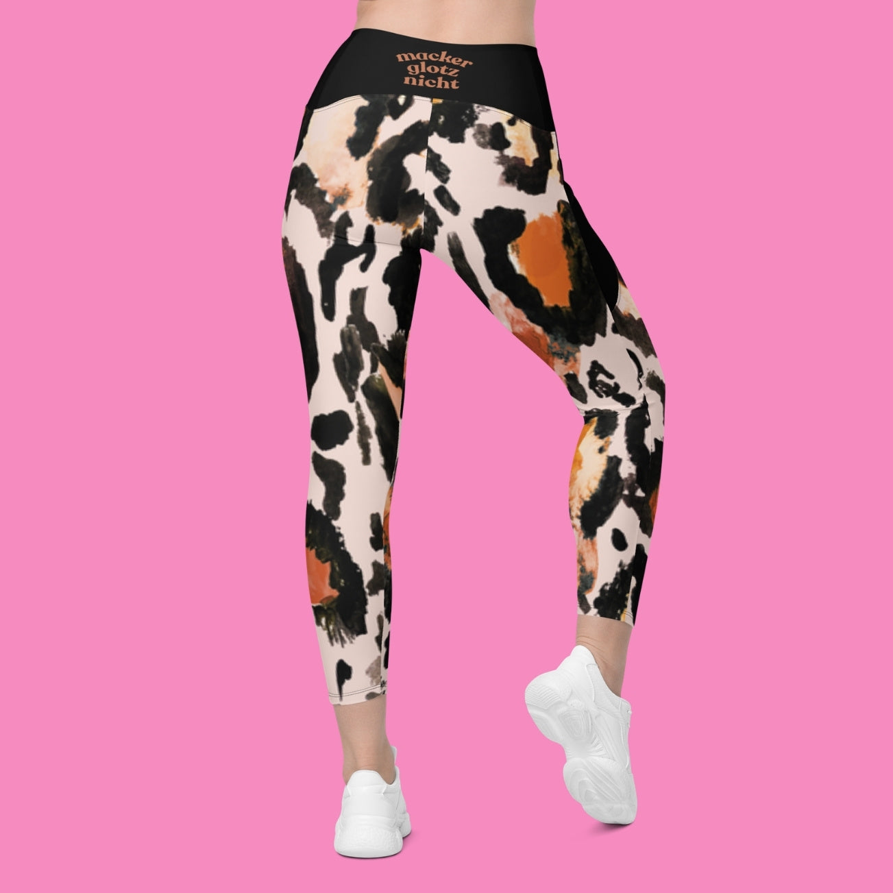 Macker glotz nicht Leggings mit Kuhmuster und Seitentaschen – feministische Recycling-Leggings mit hohem Bund – Bling Bling Feministas