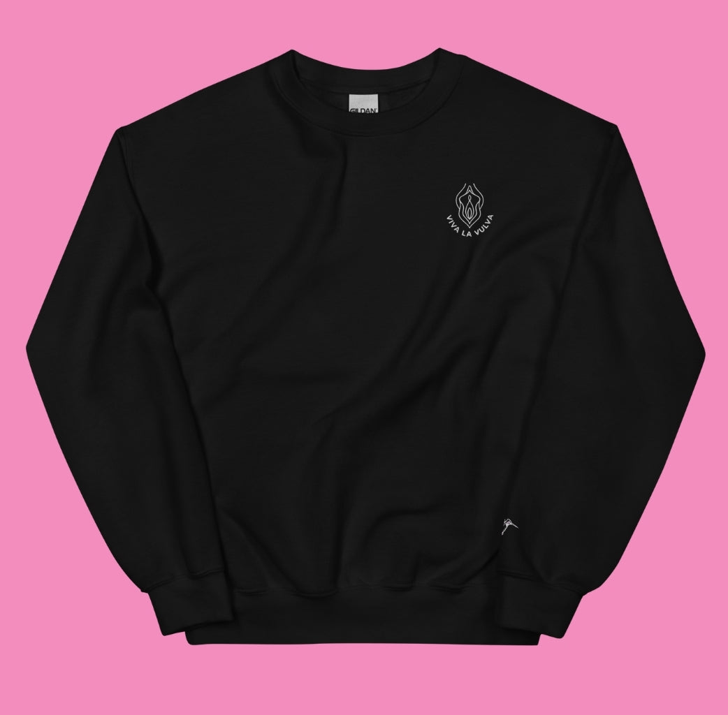 Viva la Vulva Sweatshirt in Schwarz – Vorderansicht, feministischer Pullover, Bling Bling Feministas