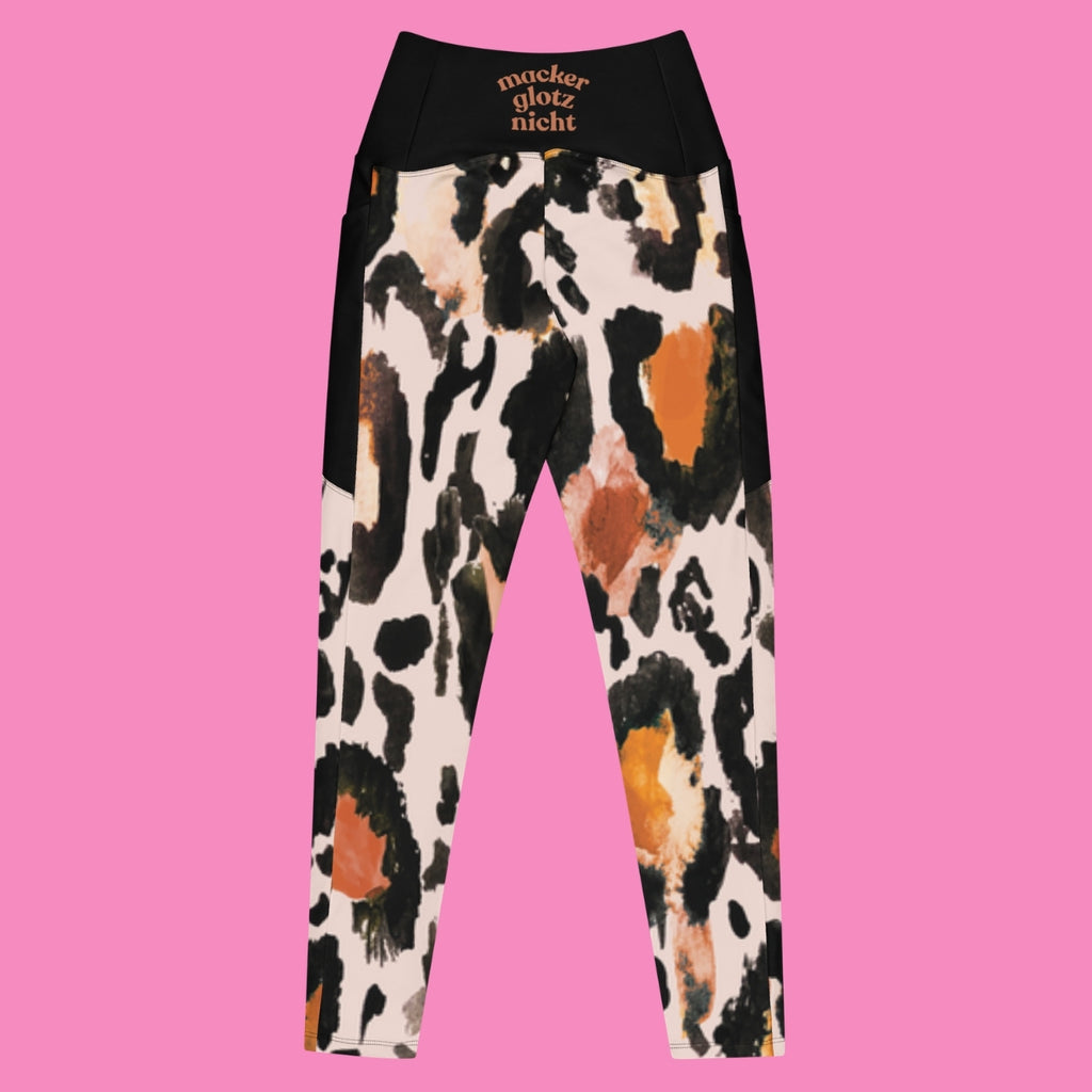 Macker glotz nicht Leggings mit Kuhmuster und Seitentaschen – feministische Recycling-Leggings mit hohem Bund – Bling Bling Feministas