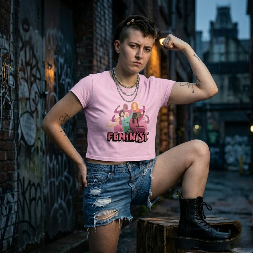 Feminist Crop-Top mit intersektionalem Allover-Print – weißes Crop-T-Shirt von Bling Bling Feministas, Größen XS–3XL