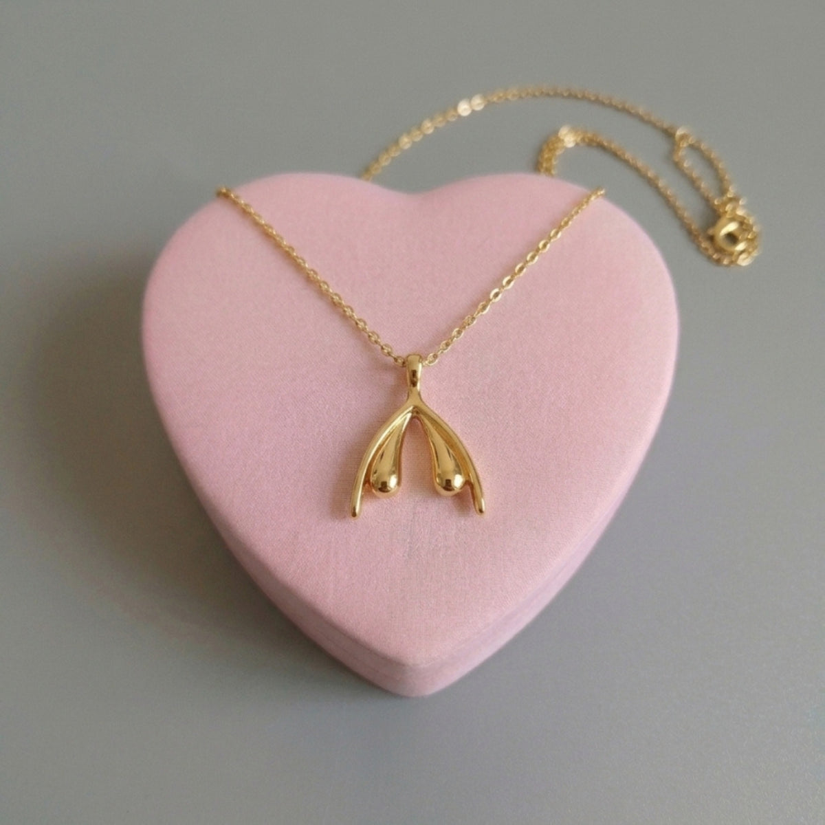 Klitoris Halskette in Gold aus Edelstahl mit anatomischem Klitoris-Anhänger auf rosa Herz