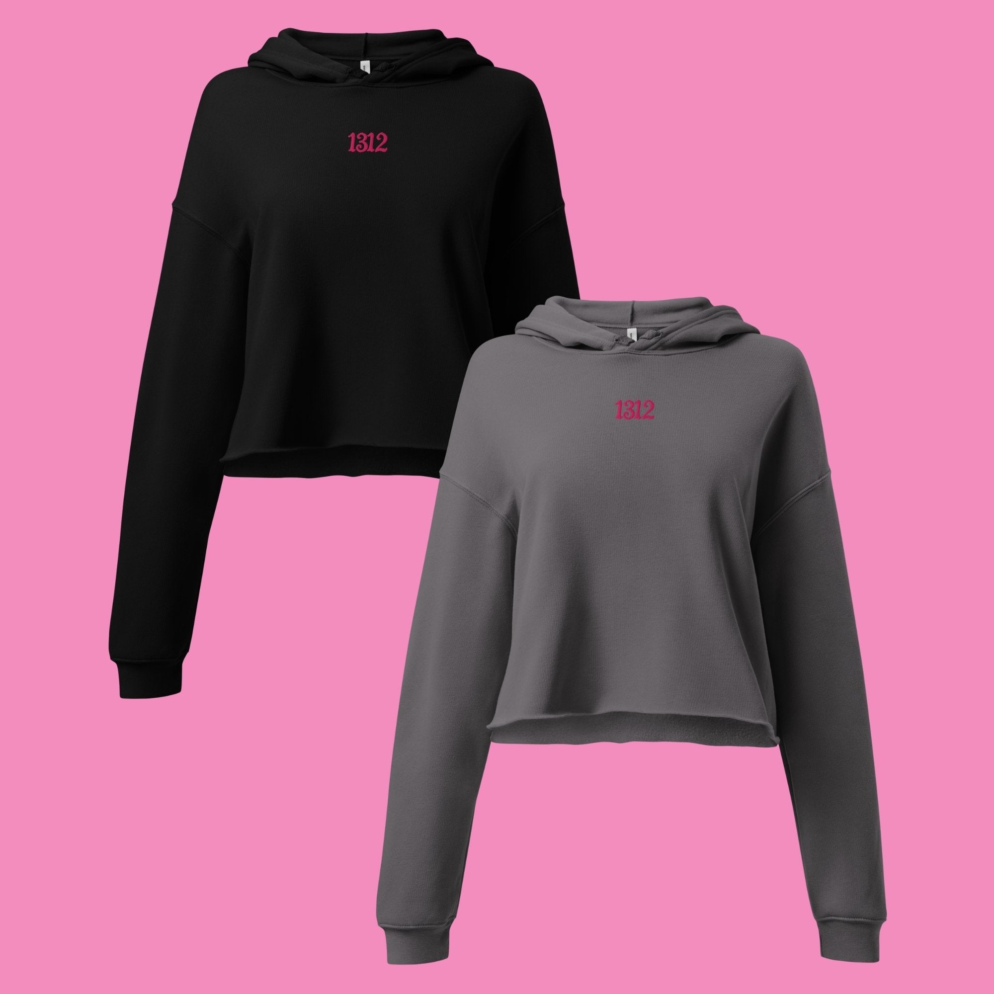 1312 Crop-Hoodie in Grau und Schwarz mit besticktem Schriftzug – feministischer Kapuzenpullover von Bling Bling Feministas